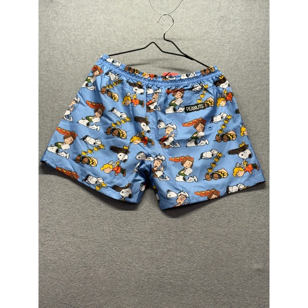 Peanuts Snoopy Charlie Brown Swim Trunks Mens Large Blue All Over Print NWT